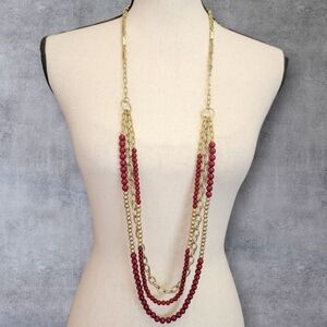 Premier Designs Work It Necklace Dark Red Gold Tone Multi Strand Beaded Art Deco
